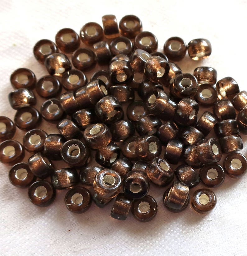 Lot of 50 6mm Smoky Topaz roller or crow beads with large big 2mm holes C7401 Brown Silver Lined Czech glass pony beads