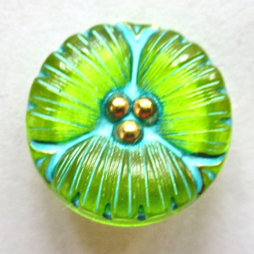 TINY 18mm Vintage Czech Glass Green Rainbow AB SPIDER w/Web GOLD Wash Buttons 3p 