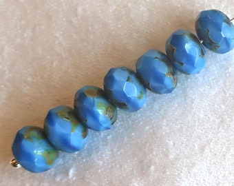 25 Czech glass faceted puffy rondelle beads, 6 x 8mm opaque silky sky blue picasso rondelles on sale 55101