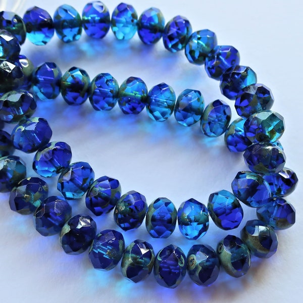 Lot of 25 faceted Czech glass puffy rondelle beads - 8 x 6mm transparent aqua and sapphire blue mix - rondelles  57201