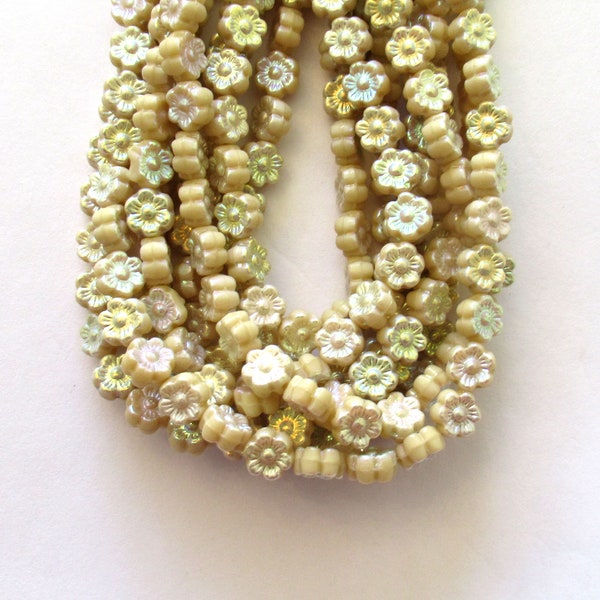 Thirty 6mm small Czech glass flower beads - opaque creamy light yellow ab beads - pressed glass flower beads - C00121