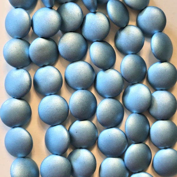 Lot of 8 Czech glass coin beads - 14mm puffy pillow beads - Satin Metallic Arctic Blue -  C40101