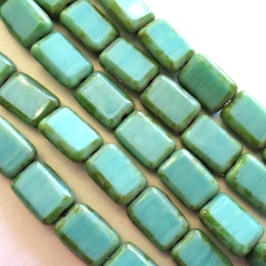 24 Czech glass rectangle beads - Opaque Turquoise Green Picasso - 12mm x 8mm - C00342
