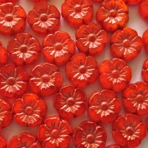 Czech glass flower beads - orange opaline w/ copper wash -  10mm - table cut carved - Hawaiian hibiscus floral beads - 10 beads - C00281