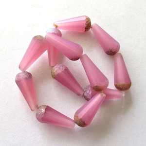 Six Czech glass faceted teardrop beads - Matte milky pink opal w/ etched picasso finish on the ends - 9 x 20mm long tear drops 00392