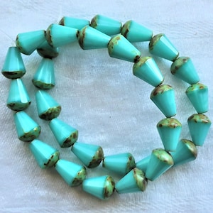 Lot of 15 8 x 6mm Czech glass teardrop beads - opaque turquoise blue silk w/ picasso - special cut, faceted, firepolished beads C05101