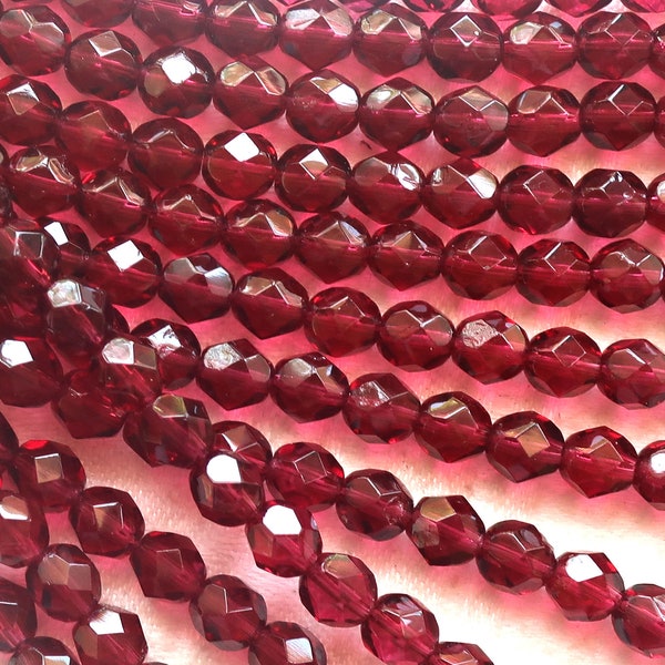 Lot of 25 6mm Czech glass beads, transparent fuchsia, deep, dark pink faceted,, firepolished, round  beads 8725