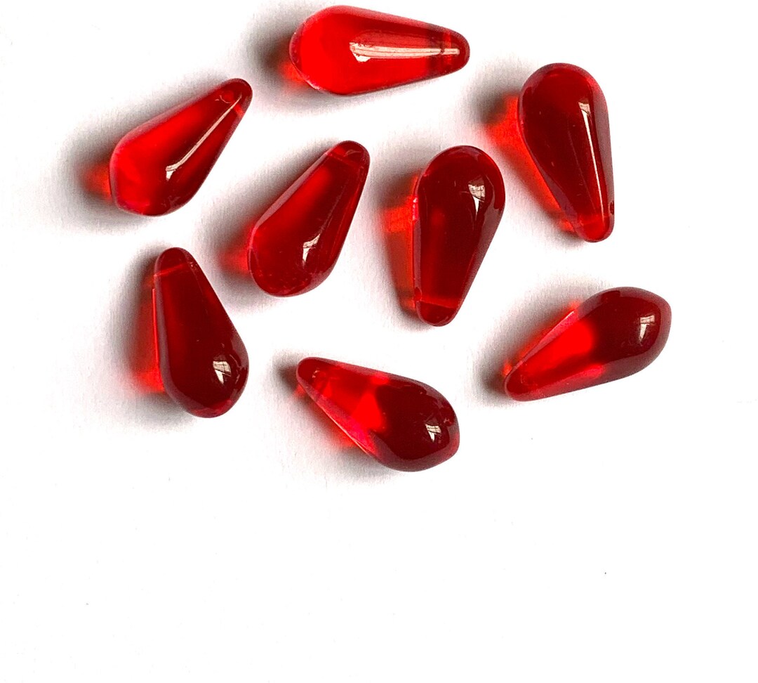Ten Large Czech Glass Teardrop Beads 9 X 18mm Transparent Siam Red Pressed Glass Side Drilled