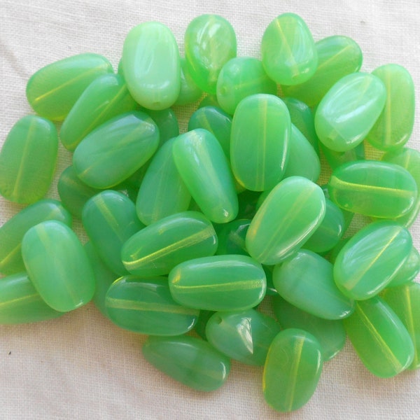 15 Jade Green Opal slightly twisted oval Czech Glass beads, 14mm x 8mm pressed glass beads C0008