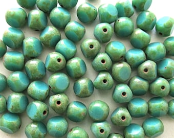 Strand of 40 tri-cut 6mm round Czech glass beads - opaque turquoise green picasso - table cut rustic earthy beads C00031