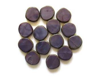 Six 15mm Czech glass asymmetrical coin or disc beads - opaque amethyst / purple silk picasso beads - C00531