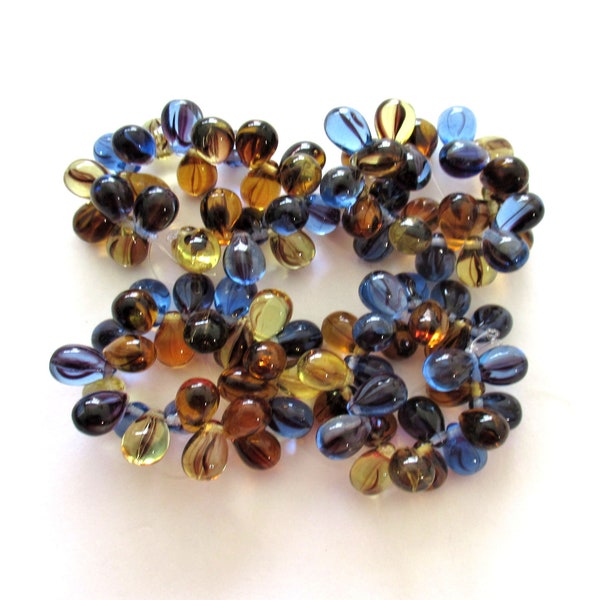 Lot of 25 Czech glass drop beads - transparent mix of striped topaz, yellow & blue - smooth teardrop beads - 9 x 6mm  00521