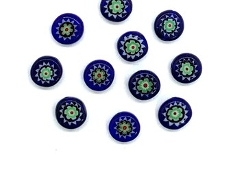 Ten 8mm cane or millefiori glass beads - blue green and white coin or disc beads - C0008