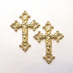 2 raw brass cross stampings -  ornate Victorian crosses - pendants - charms -  earrings - 2.25" x 1.75" - made in the USA C00001