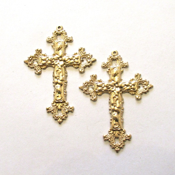 2 raw brass cross stampings -  ornate Victorian crosses - pendants - charms -  earrings - 2.25" x 1.75" - made in the USA C00001