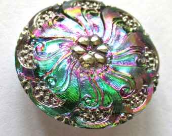 Czech Glass Button Middle Flower Green w /Pink Vitral w/ Silver Clr Finish  27mm 