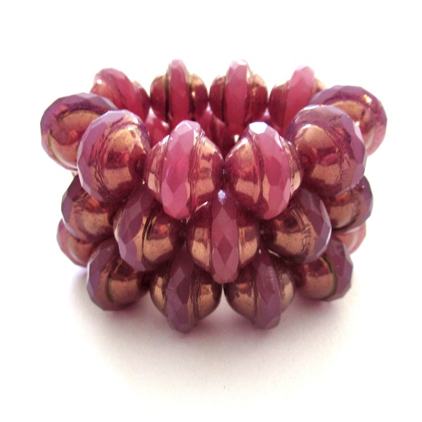 Ten Czech glass saturn beads - 8 x 10mm pink opal faceted saucer beads with a bronze finish on the ends C00382
