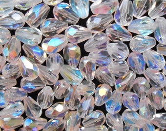 Lot of 25 7 x 5mm Crystal AB teardrop Czech glass beads, faceted fire polished beads C0097