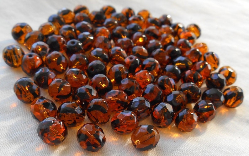 25 8mm Tortoise Shell, Tortoiseshell, Amber faceted round fire polished glass beads C0039 image 2