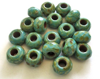 Five 12mm x 8mm Czech glass large faceted round roller, rondelle beads - opaque turquoise blue green picasso -  big 5mm hole bead C00081