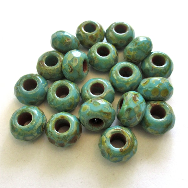 Five 12mm x 8mm Czech glass large faceted round roller, rondelle beads - opaque turquoise blue green picasso -  big 5mm hole bead C00081