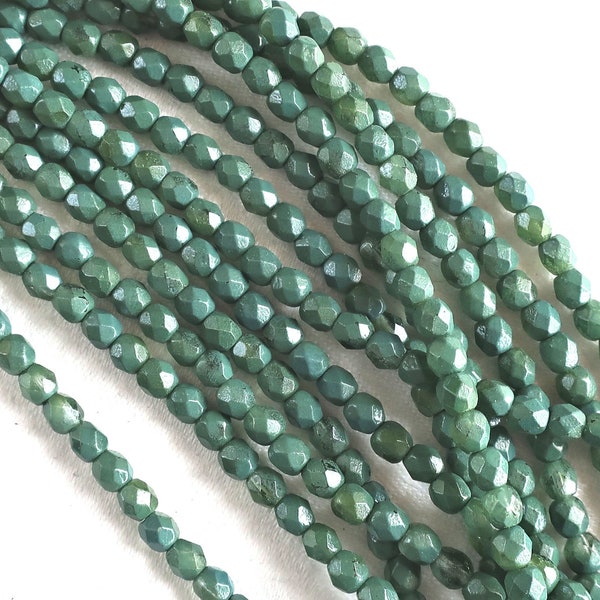 Lot of 50 4mm Opaque Coated Pea Green Czech glass beads,  firepolished, faceted round beads, C9601