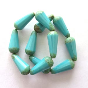 Six Czech glass long faceted teardrop beads - opaque turquoise blue w/ picasso accents - 9 x 20mm elongated tear drops 00542