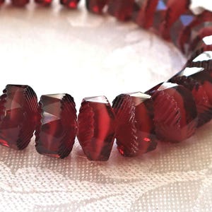 Lot of 6 Czech glass faceted wavy rondelle beads, large 14 x 6mm Garnet Red with white hearts, chunky rondelles, focal beads   C05101