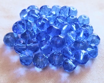 Lot of 25 transparent sapphire blue puffy rondelles - 6 x 9mm faceted blue Czech glass rondelle beads - C5401