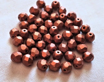 25 6mm Matte Metallic Antique Copper Czech glass beads - firepolished, faceted round beads, C2525