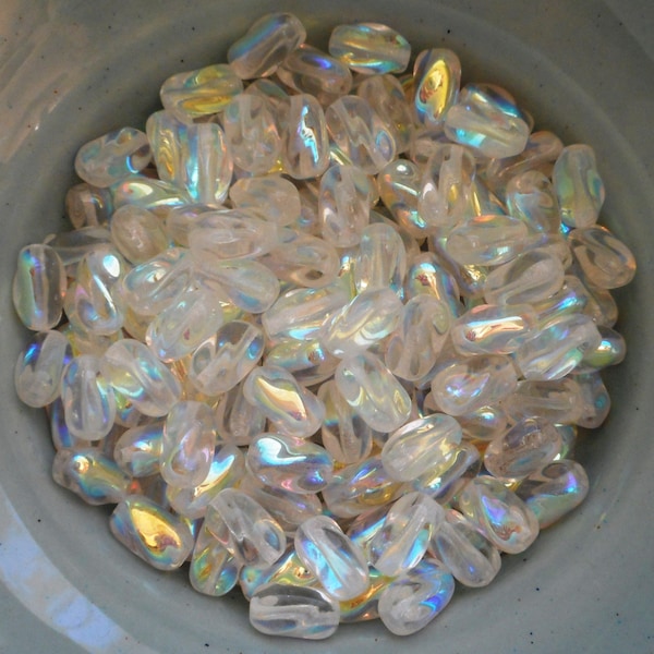 25 9mm x 6mm Crystal AB Czech glass twisted oval beads C0034