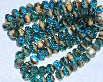 25 faceted Czech glass puffy rondelle beads - 8 x 6mm transparent & opaque marbled capri / aqua blue and white mix rondelles 07201