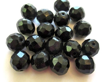 Ten Czech glass fire polished faceted round beads - 12mm jet black beads C0007