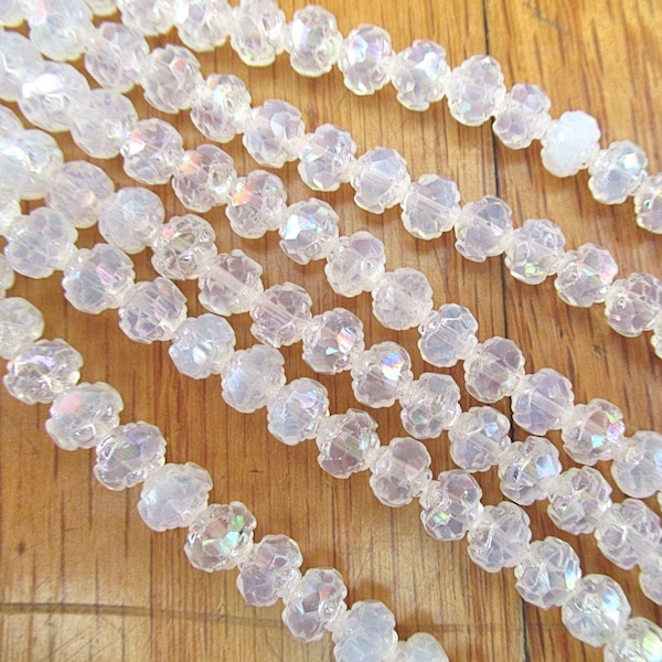 25 Czech glass small rosebud beads -  Luster Iris Milky White  - 5 x 6mm  -  faceted  fire polished antique cut beads  - C0007