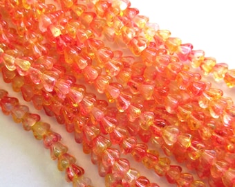 Lot of 50 6mm x 4mm baby bell flower Czech glass beads - fuchsia /  lemon - pink / yellow / orange flower beads -  C0059
