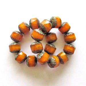 Ten large Czech glass center faceted carved cruller beads - 10mm - round pumpkin orange opal cathedral beads with picasso accents - 00005