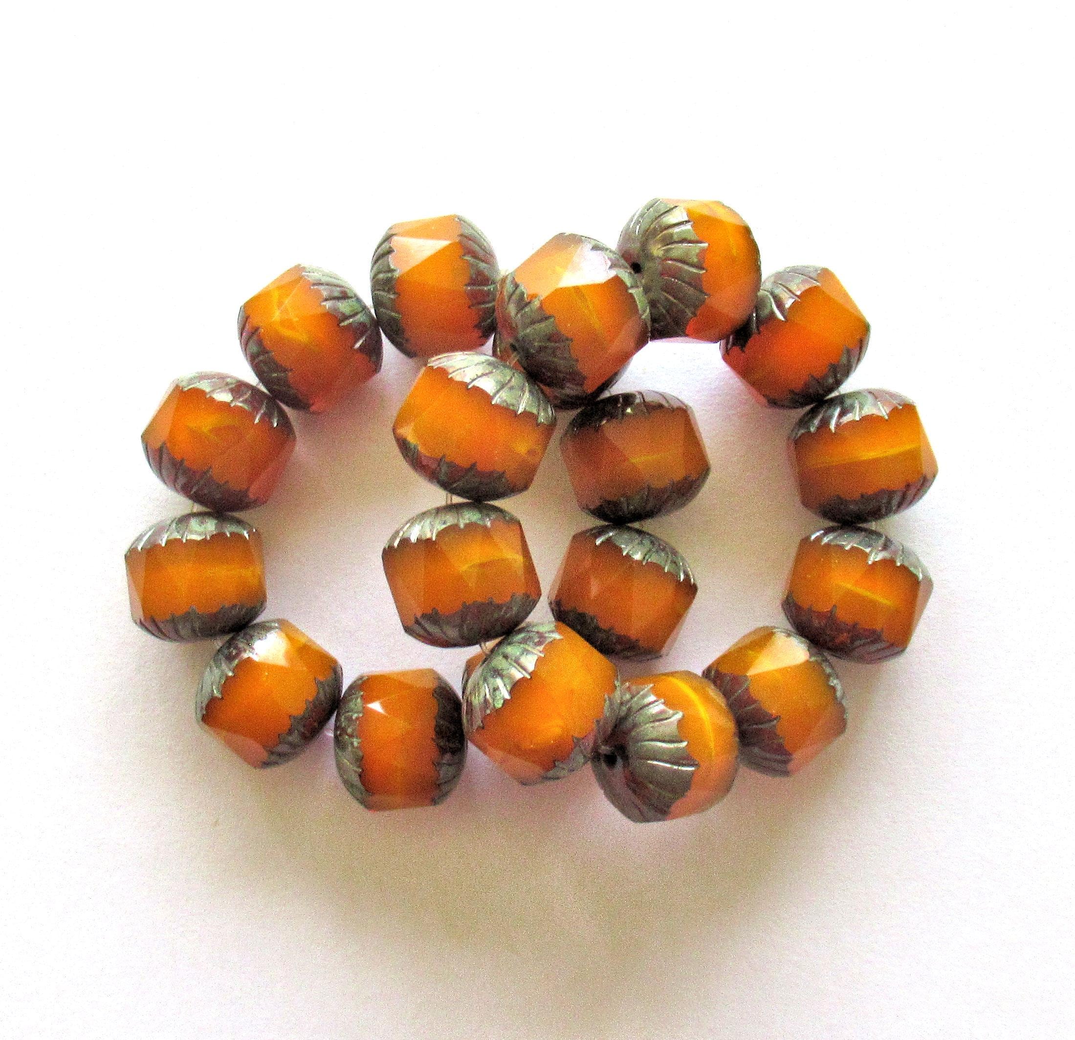 Ten Large Czech Glass Center Faceted Carved Cruller Beads - 10mm