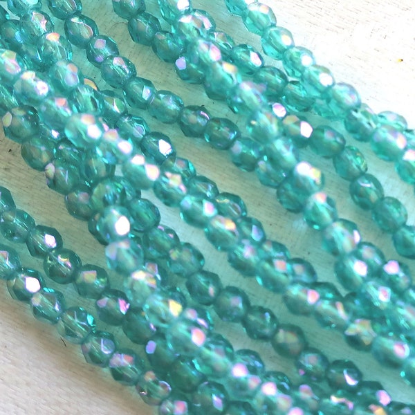 Lot of 50 3mm Czech Light Teal, Blue Green AB glass beads, firepolished, faceted, round beads, C8450
