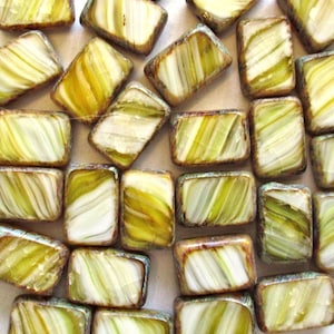 10 Czech glass rectangle beads - yellow & white striped picasso beads - 12 x 8mm - rectangular table cut beads - C00621