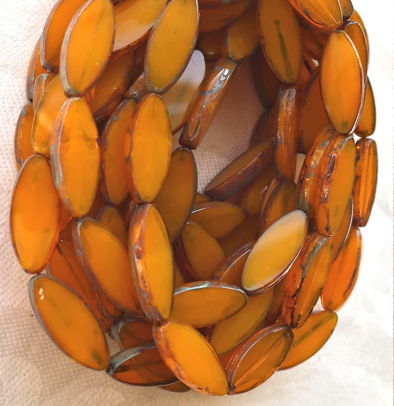 Ten 20 x 9mm translucent, marbled mustard yellow table cut, picasso Czech glass spindle beads, almond shaped tube beads C33201 image 1