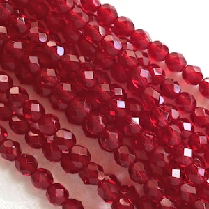25 6mm Ruby red Czech glass beads -  fire polished, faceted light garnet round beads - C0625