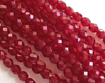 25 6mm Ruby red Czech glass beads -  fire polished, faceted light garnet round beads - C0625