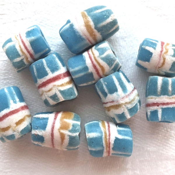 Lot of ten blue & white African sand cast glass Ghana tube or barrel beads, 10-14mm x 8mm big hole rustic, earthy beads