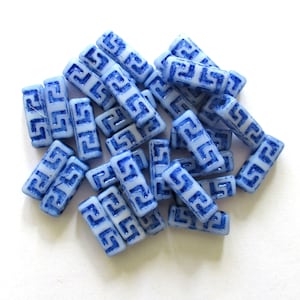 12 Czech glass beads - squared tube beads - Celtic block beads - white with a blue wash - 15 x 5mm C0045