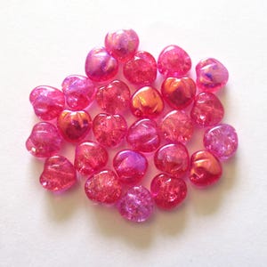 Ten Czech glass heart beads - 11mm bright hot pink crackle glass hearts with a metallic pink finish on one side of each bead-  C0049