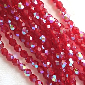 Lot of 25 6mm ruby red AB Czech glass beads, firepolished, faceted round beads, C3525