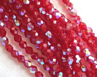 Lot of 25 6mm ruby red AB Czech glass beads, firepolished, faceted round beads, C3525
