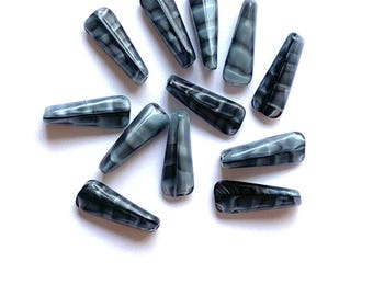 15 Czech glass triangle tube beads - 6 x 17mm marbled, striped blue & gray wedge shaped tube beads C0721