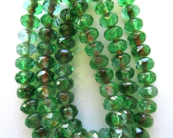 Lot of 30 small 3 x 5mm Czech glass puffy rondelle beads - transparent green & blue picasso faceted, fire polished puffy rondelles 0089