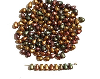 Fifty small Czech glass teardrop beads - 6 x 4mm - matte metallic bronze iris drop or pear beads - side drilled beads - C0043